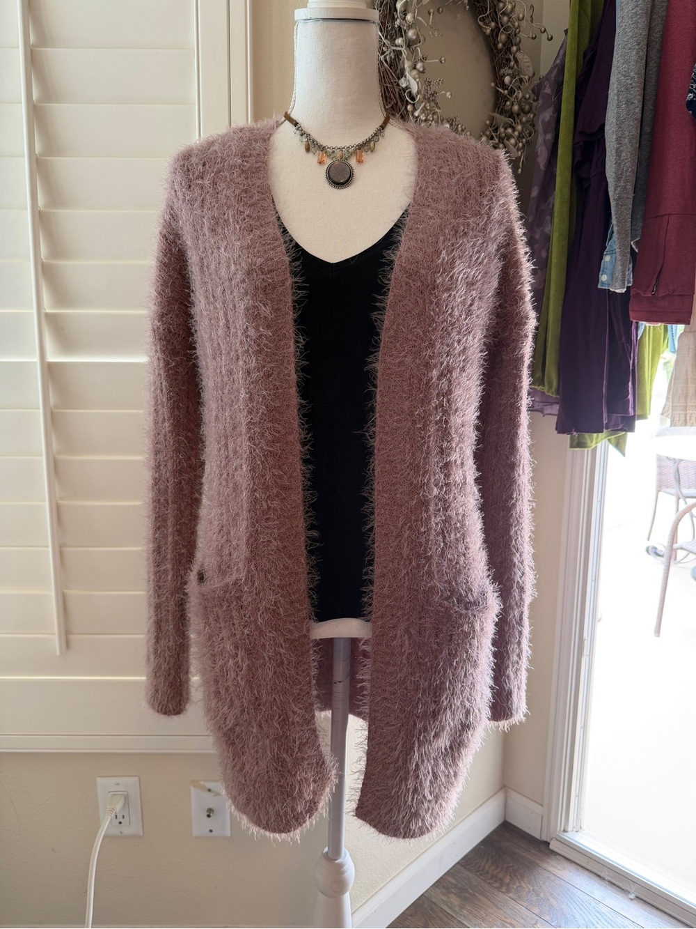 Hippie Rose Fuzzy Open-Front Cardigan in Winter Plum NWT